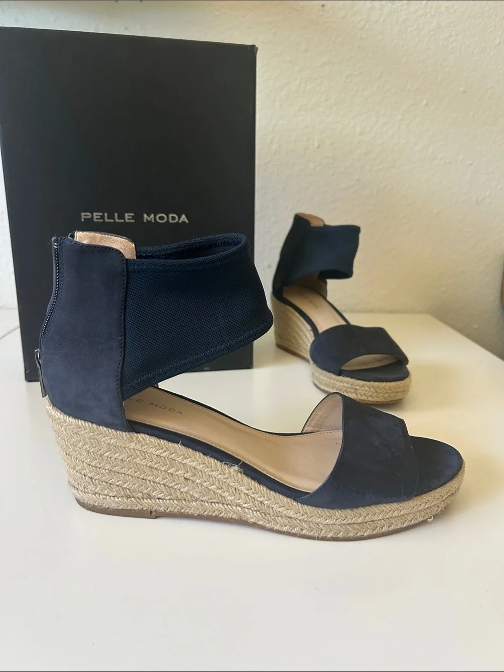 Pelle Moda Navy Espadrille Wedge Sandals with Ankle Cuff